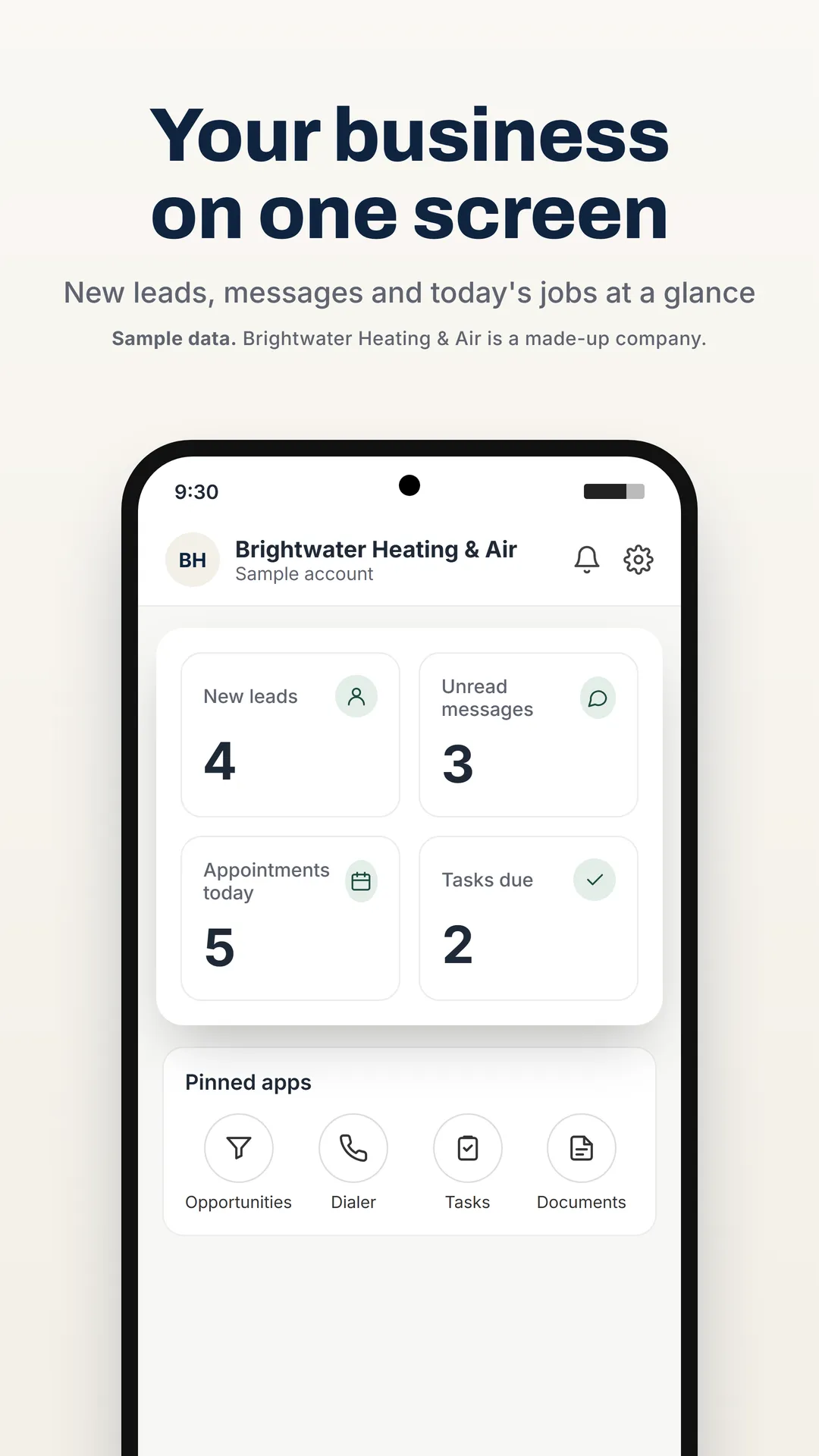 Phone app home screen showing new leads, unread messages, today's appointments and tasks due for a sample heating and air company.