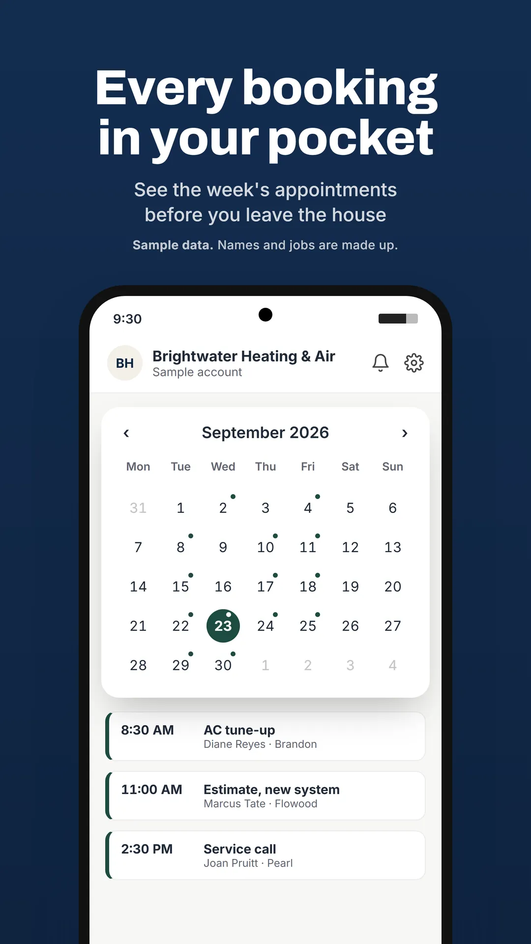 Phone app calendar for September 2026 with three sample appointments listed for the day.