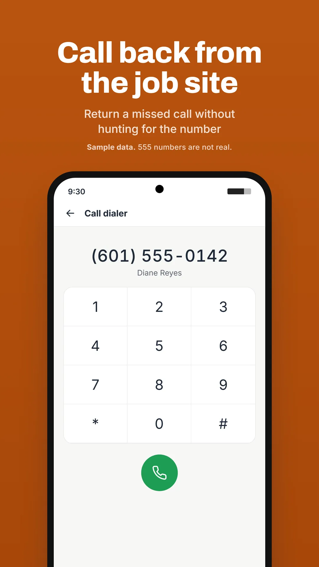 Phone app dialer ready to call back a sample customer.