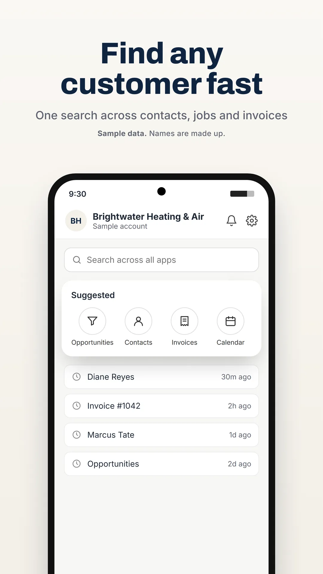 Phone app search bar with suggested apps and recent customers and invoices.