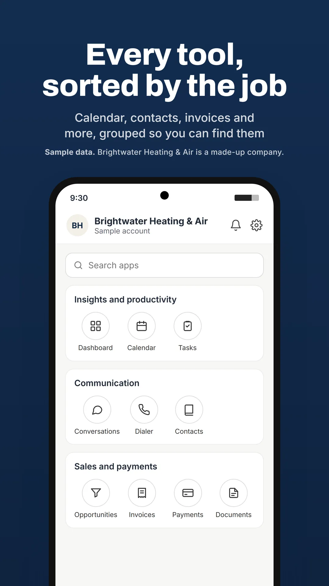 Phone app menu grouping the dashboard, calendar, conversations, contacts, invoices and payments.