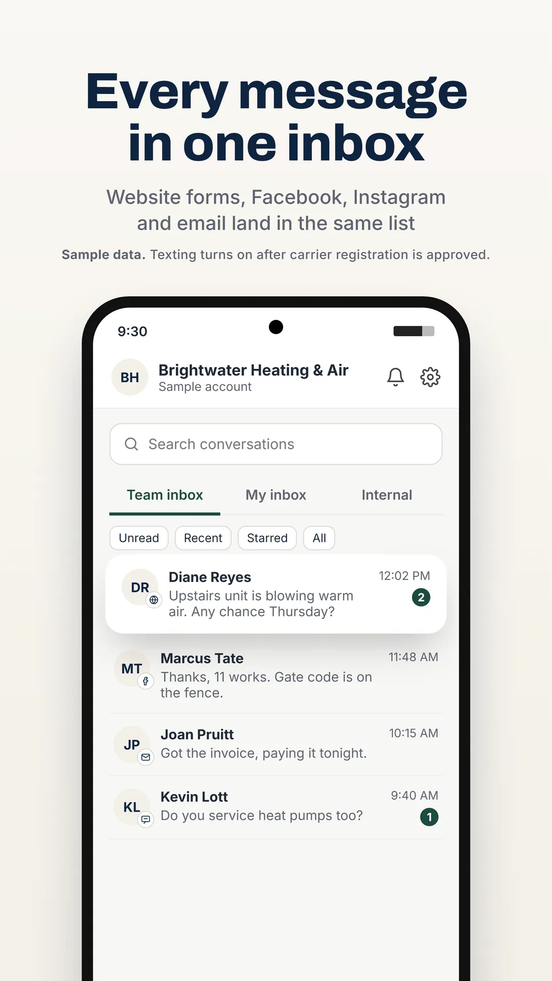 Phone app team inbox with sample messages from a website form, Facebook, email and text.