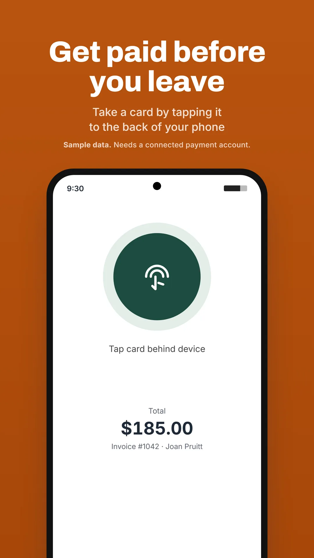 Phone app Tap to Pay screen collecting a sample 185 dollar invoice.